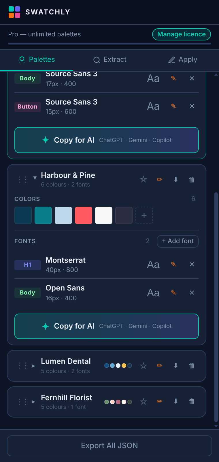 Palette cards with the Copy for AI button