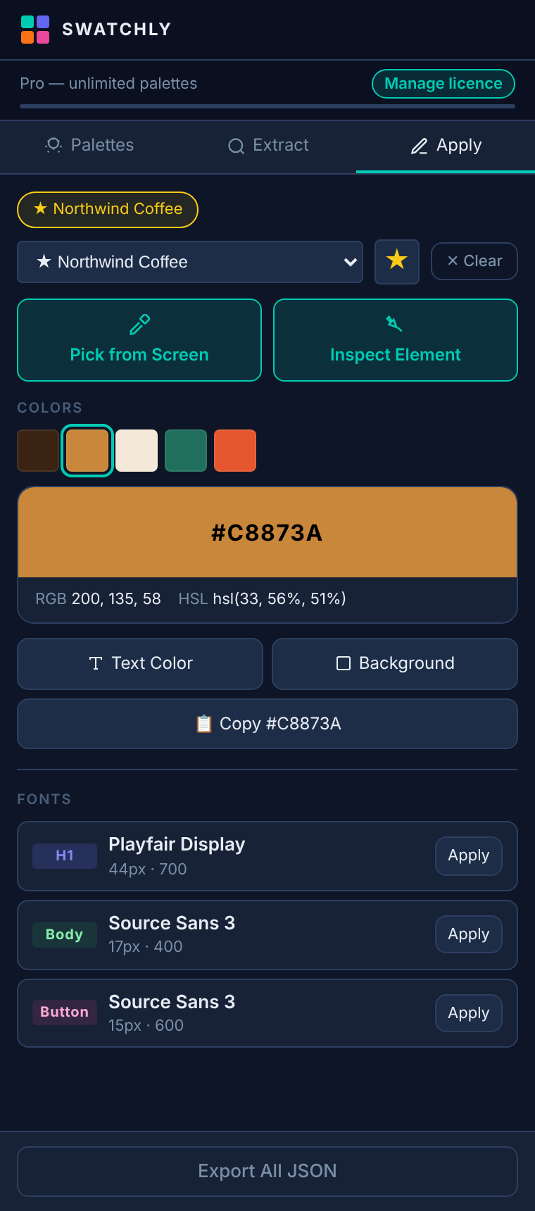 Apply tab with a selected colour