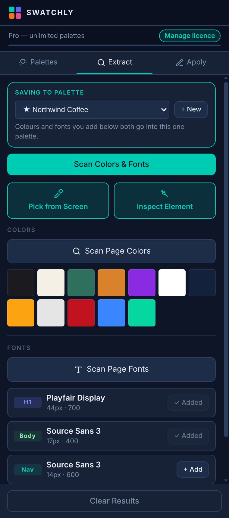 Extract tab with scanned colours and fonts
