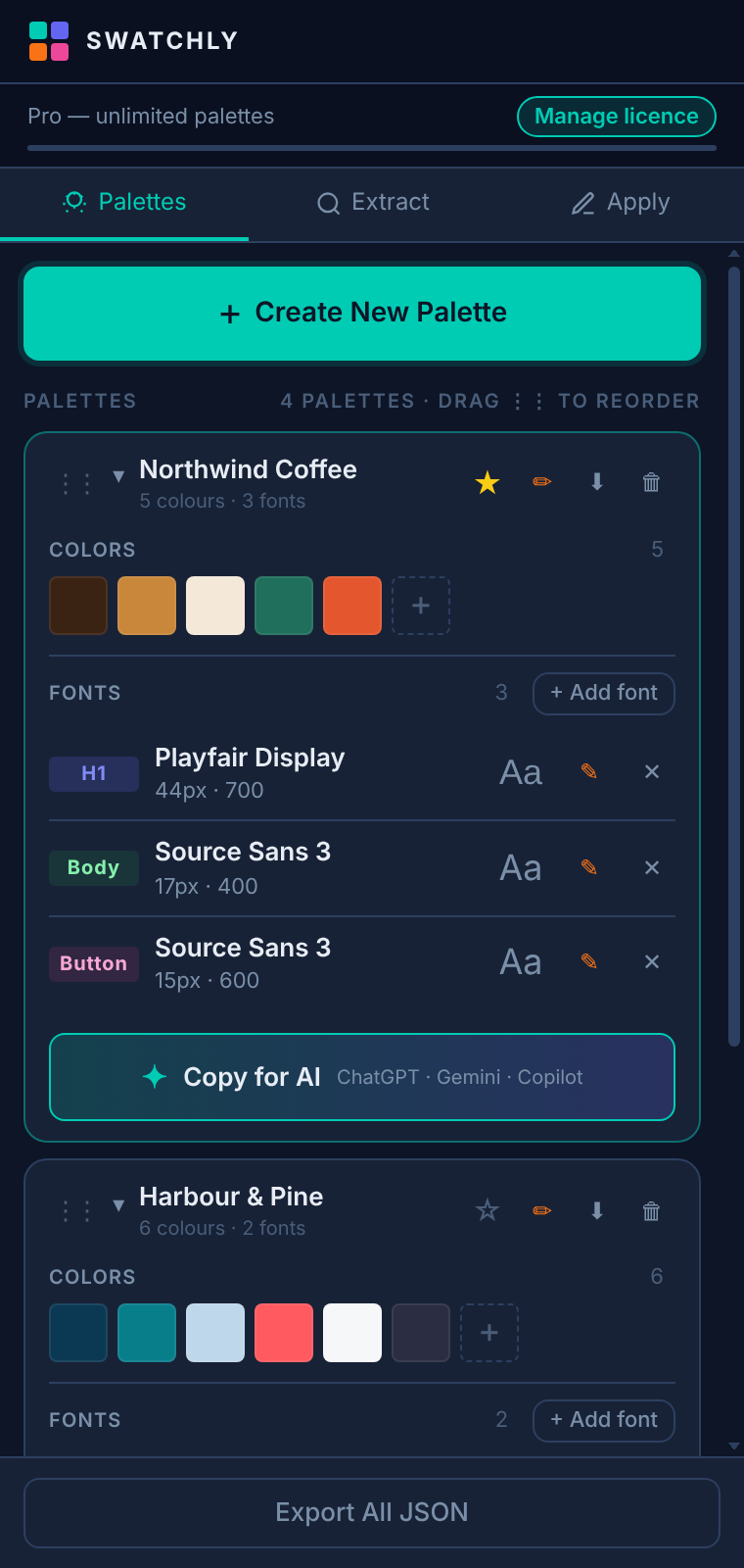 Swatchly side panel showing a client palette with colours and fonts
